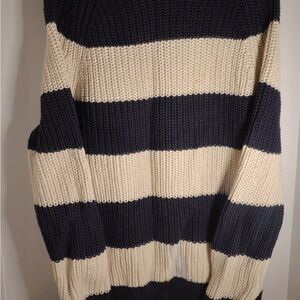J. Crew Men's Black and Cream Striped Crewneck Sweater